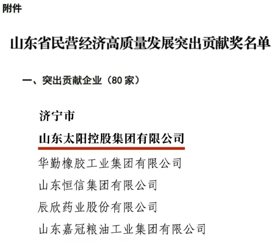 太陽控股榮膺“山東省民營經濟高質量發展突出貢獻企業”