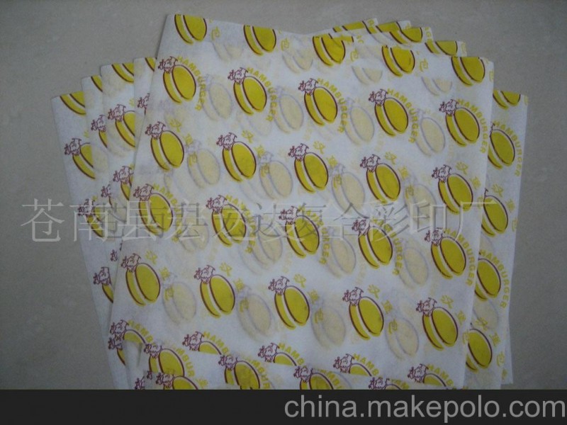 供應熱賣通用漢堡紙、防油食品紙袋、漢堡紙